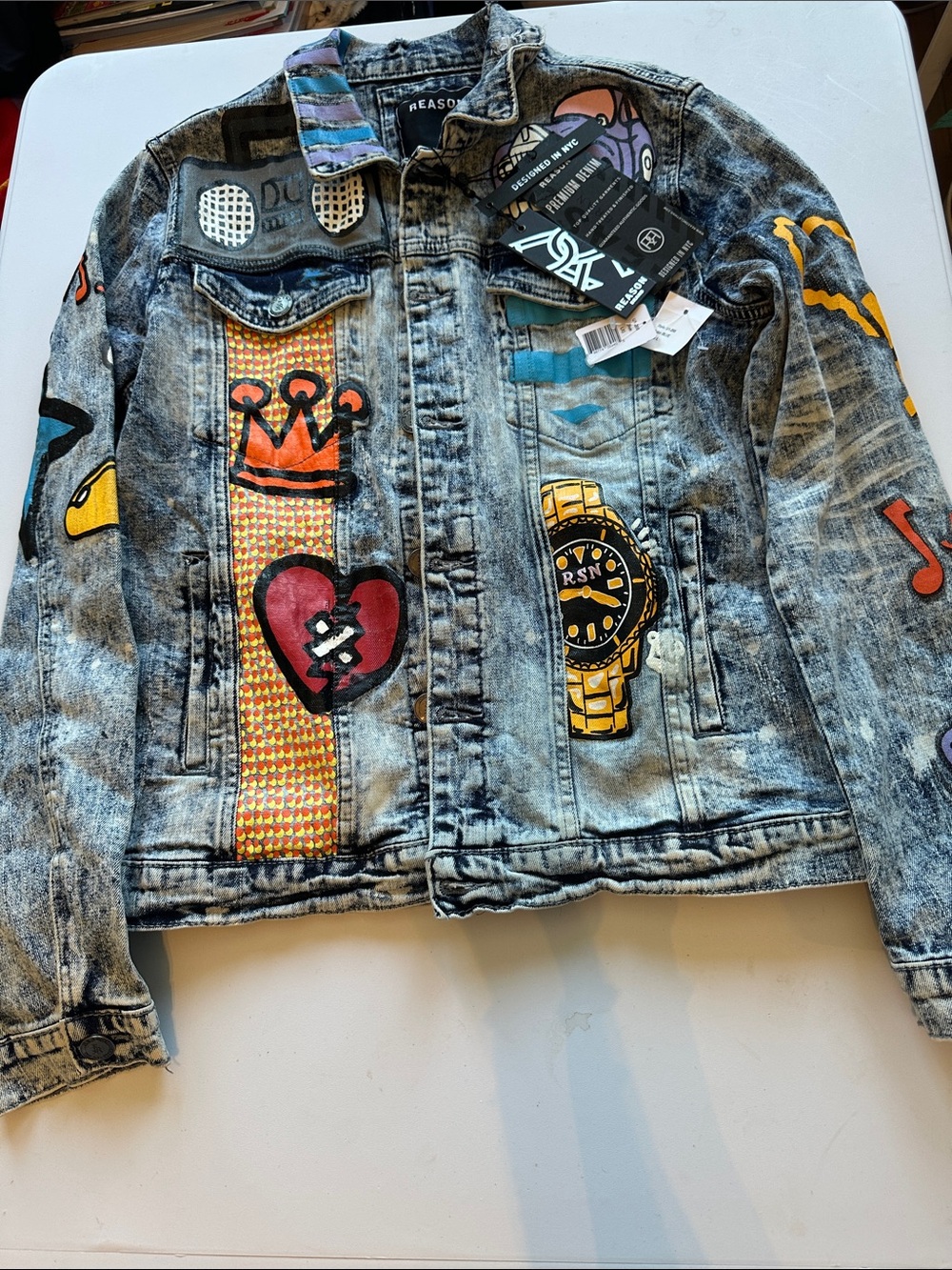 UNISEX Acid-Wash Jean Jacket with Red Heart & Gold Watch Patches